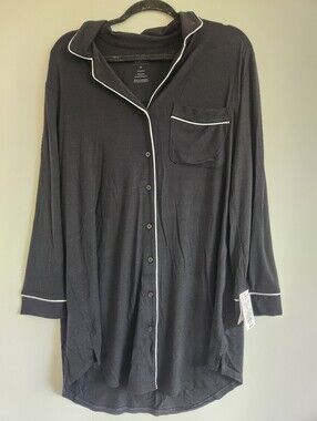 Auden Cloud Knit Sleep Shirt Medium Black Pajama Nightshirt Button Front NWT